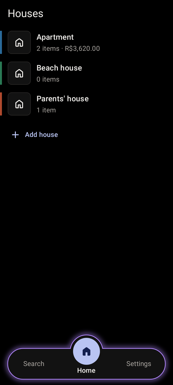 The house list: Apartment, Beach house and Parents' house, with item counts and values
