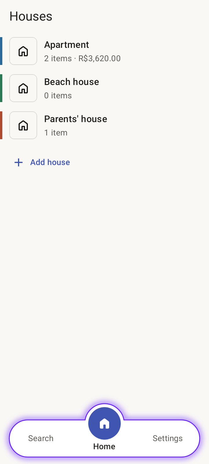The house list: Apartment, Beach house and Parents' house, with item counts and values