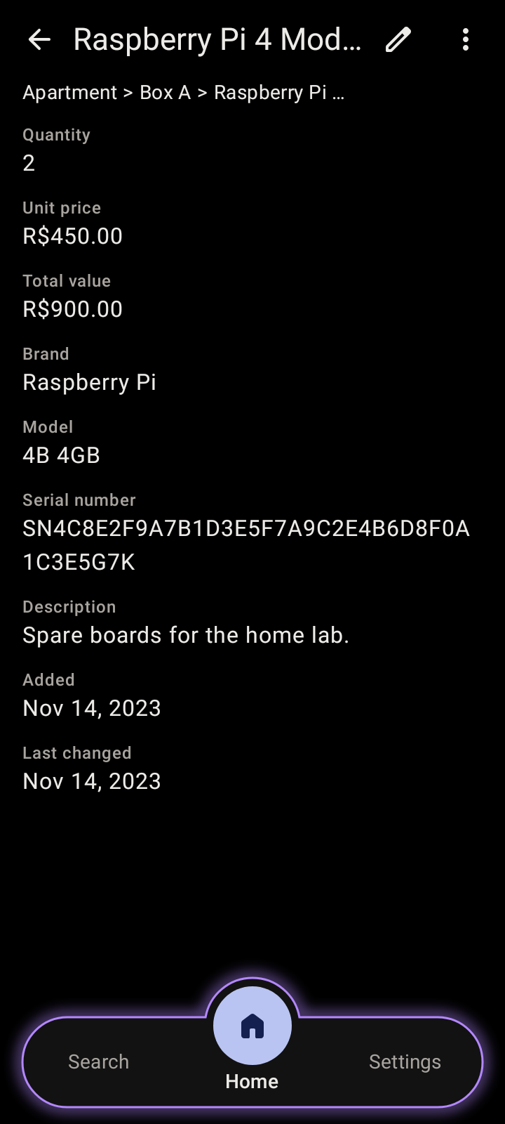 An item with quantity, unit price, total value, brand, model and serial number