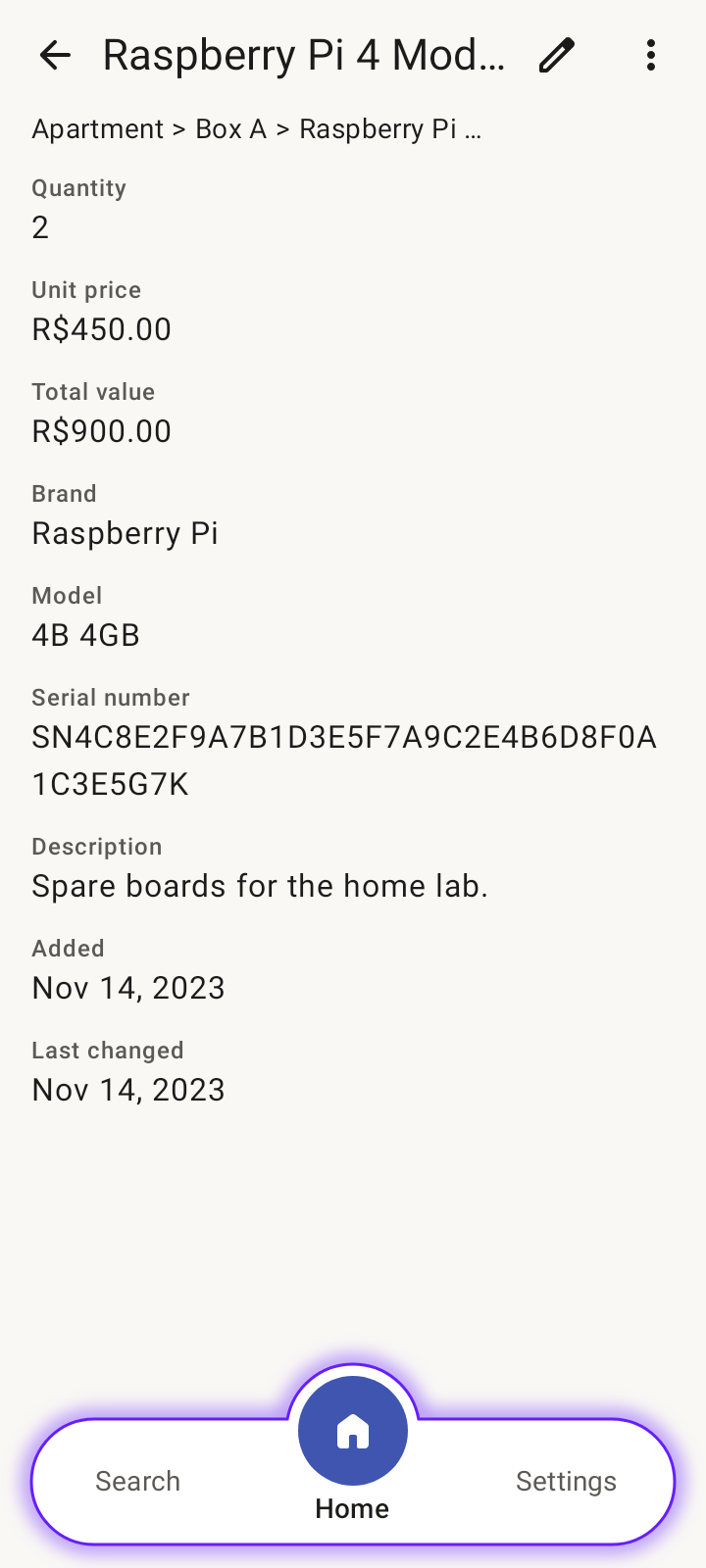 An item with quantity, unit price, total value, brand, model and serial number