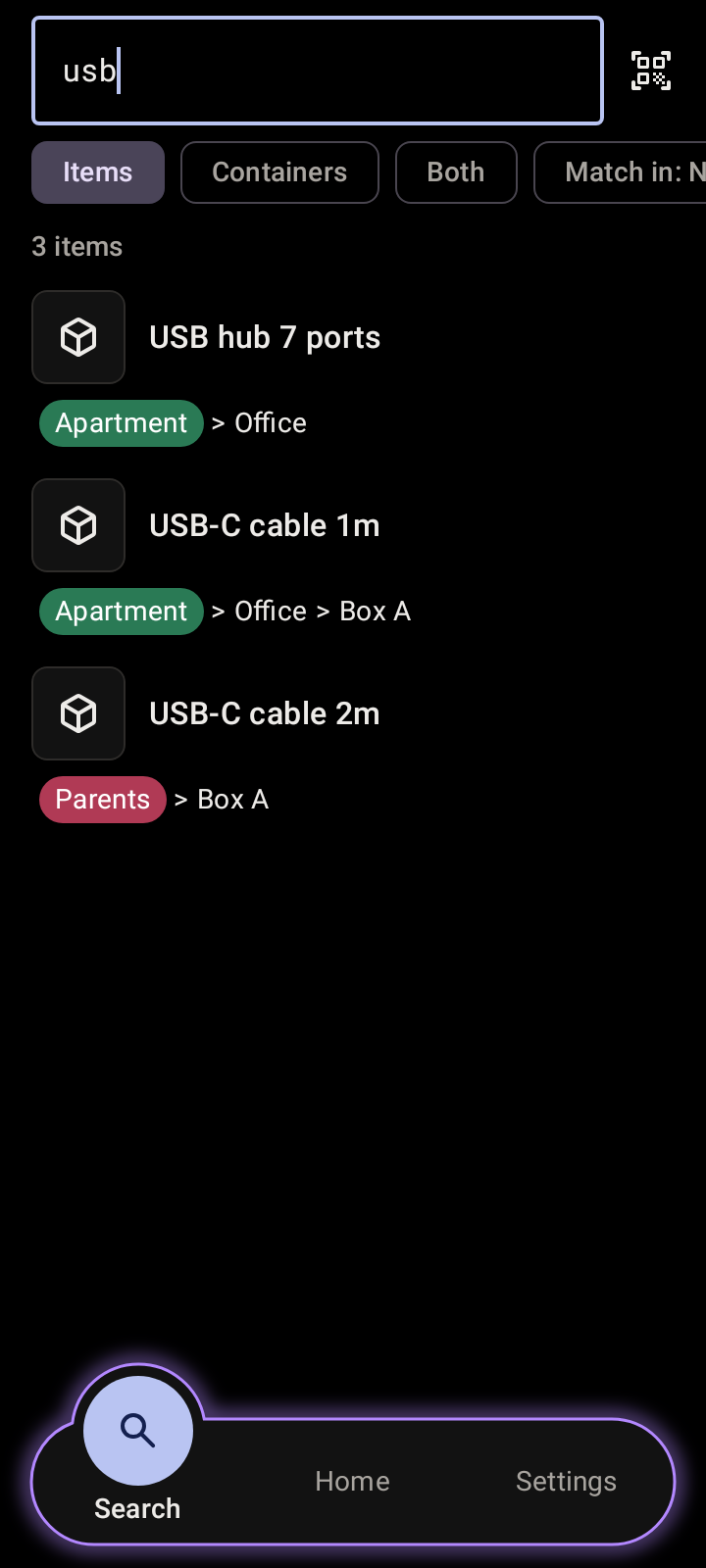 Search results for “usb” across two houses, with the path to each item